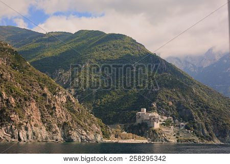 Athos Peninsula, Greece.view From A Ferry. Orthodox Monasteries, Mountains