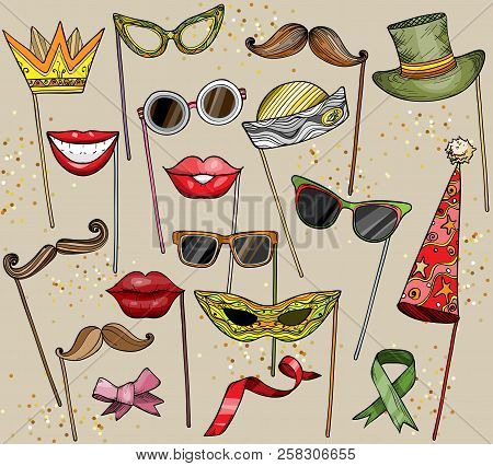 Booth Props Mustache, Glasses, Magician's Hat And Lips. Party's