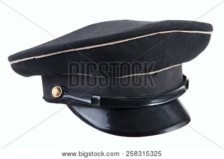 Headpiece For Office Workers And Military, Old Black Military Cap Cap Half Turn Isolated On White Ba
