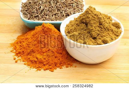 Combination Of Mix Curry Spices On Wooden Background