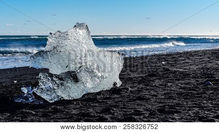Ice On Black Beach Seaside Iceberg Next To Ocean