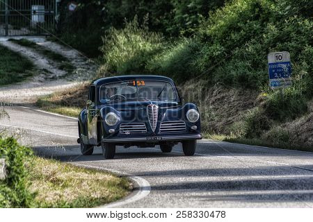 PESARO COLLE SAN BARTOLO , ITALY - MAY 17 - 2018 : FERRARI 340 AMERICA SPIDER VIGNALE	1952 old racin