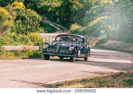 PESARO COLLE SAN BARTOLO , ITALY - MAY 17 - 2018 : FERRARI 340 AMERICA SPIDER VIGNALE	1952 old racin