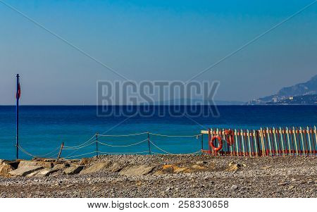 Scenic Picture Postcard View Of A Beautiful Mediterranean Beach In The Town Of Ventimiglia In Liguri