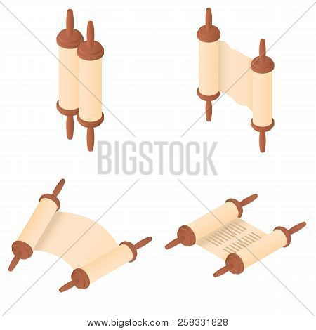 Torah Scroll Book Bible Shavuot Icons Set. Isometric Illustration Of 4 Torah Scroll Book Bible Shavu