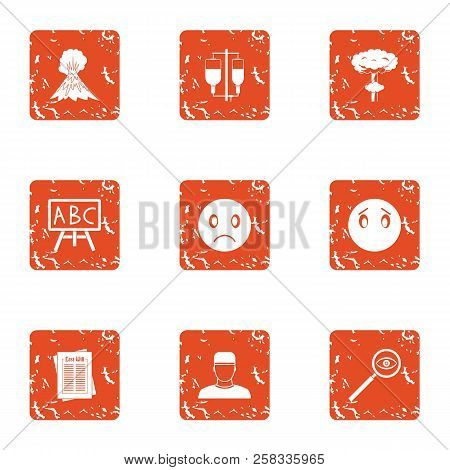 Natural Incident Icons Set. Grunge Set Of 9 Natural Incident Icons For Web Isolated On White Backgro