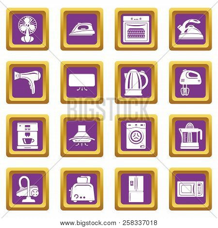 House Appliance Icons Set Purple Square Isolated On White Background