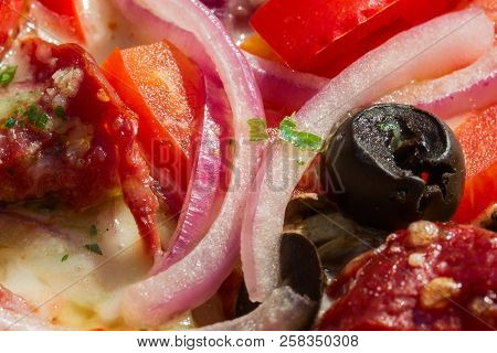 Pizza Closeup Appetizing Ingredients Vegetables And Meat