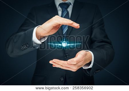 Travel Insurance Concept. Insurance Agent Or Businessman With Protective Gesture And Icon Of Plane. 