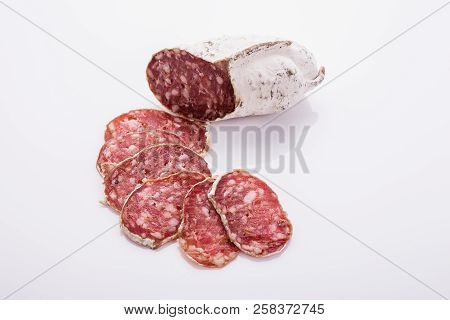 Saucisson Sec Delicious French Salami On A White Background