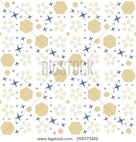 Abstract Cosmic Seamless Pattern With Blue And Gold Elements. Vector Illustration Eps 10.
