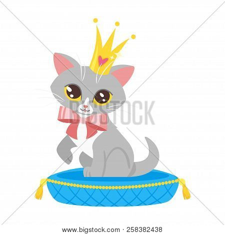 Vector Cartoon Style Illustration Of Cute Cat Character In Golden Crown Sitting On Luxury Blue Pillo