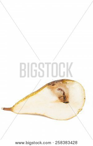 Close-up Boring Trace Of A Codling Moth Cydia Pomonella, In A Half Middle Wormy Pear. On White Backg