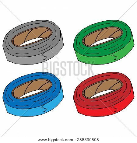 Set Insulating Tape Icon. Vector Illustration Of A Roll Of Electrical Tape.  Hand Drawn Colored Elec