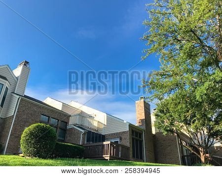 Grassy Lawn Backyard Of Townhouse Complex In Suburban Dfw, Texas, America