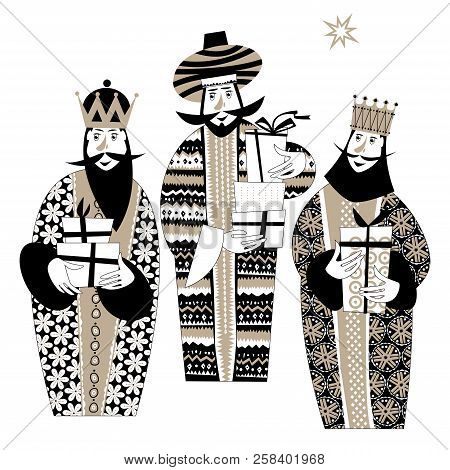 Three Biblical Kings: Caspar, Melchior And Balthazar. Three Wise Men With Gift Boxes. Black And Whit