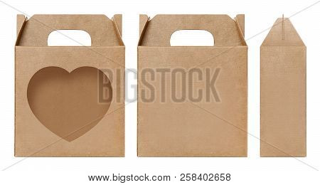 Box Brown Window Heart Shape Cut Out Packaging Template, Empty Kraft Box Cardboard Isolated White Ba
