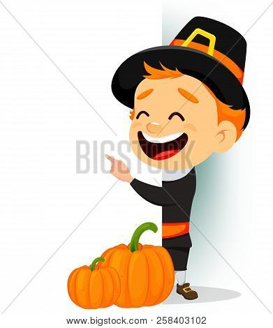 Thanksgiving Greeting Card With Canadian Man Wearing A Pilgrim Hat And Standing Behind Big Blank Pla