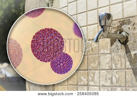 Safety Of Drinking Water Concept, 3d Illustration Showing Rotaviruses Contaminating Drinking Water