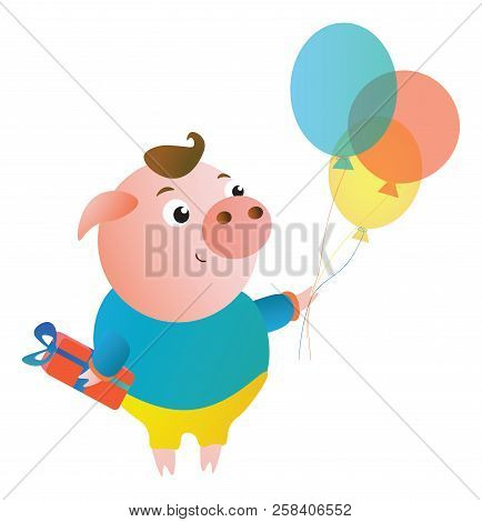 Vector Cartoon Cute Pig With The Gift And Balloons