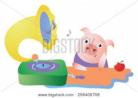 Cute Pig Listens To The Gramophone And Dreams