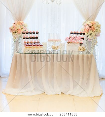Candybar In A Restaurant. Decorated Of Sweet Pastry