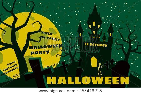 Halloween Background With Semetery And Sceleton, Haunted Castle, House And Full Moon. Poster, Flyer 