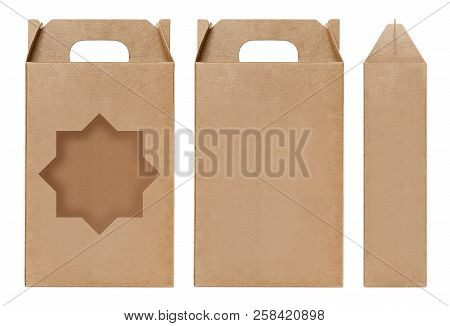 Box Brown Window Star Shape Cut Out Packaging Template, Empty Kraft Box Cardboard Isolated White Bac