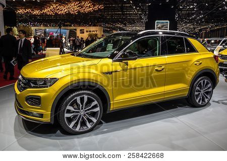 Geneva, Switzerland - March 6, 2018: Volkswagen T-roc Compact Crossover Car Showcased At The 88th Ge