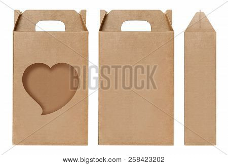 Box Brown Window Heart Shape Cut Out Packaging Template, Empty Kraft Box Cardboard Isolated White Ba