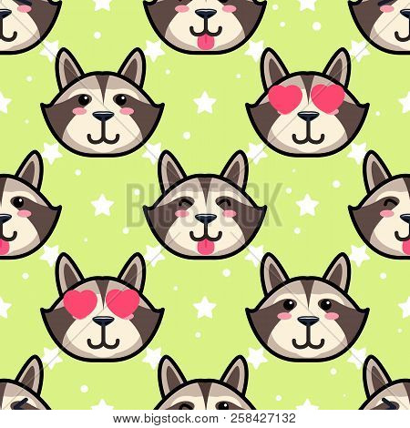 Cute Racoon With Various Emotions Seamless Pattern. Vector Illustration