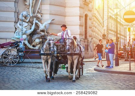 Vienna, Austria - 19.08.2018: Horse-drawn Carriage Or Fiaker, Popular Tourist Attraction, On Michael