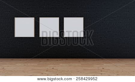 Black Interior Background With Wood Floor And Image Frames, 3d Rendering