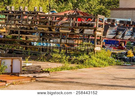 Seoul, South Korea; September 8, 2018; Old Used Rides And Spare Parts Of Bankrupt Amusement Park Sit