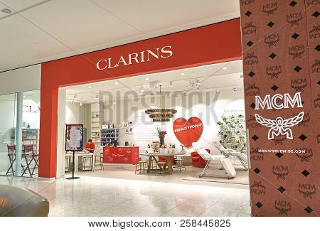 Aventura, Usa - August 23, 2018: Clarins Famous Boutique In Aventura Mall. Clarins, Is A French Luxu