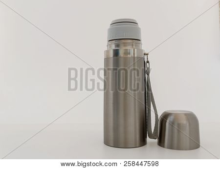 Stainless Steel Vacuum Flask , Keep Hot Water On White Background