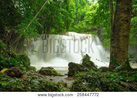 Huai Mae Khamin Waterfall In The Rainy Season With Turbid Water,thailand