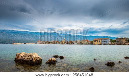 Traditional Old Village Vinjerac, Croatia, Velebit Mountains And Paklenica National Park In Backgrou