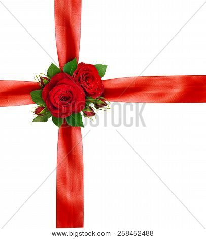 Rer Satin Ribbons And Rose Flowers Arrangement Isolated On White Background