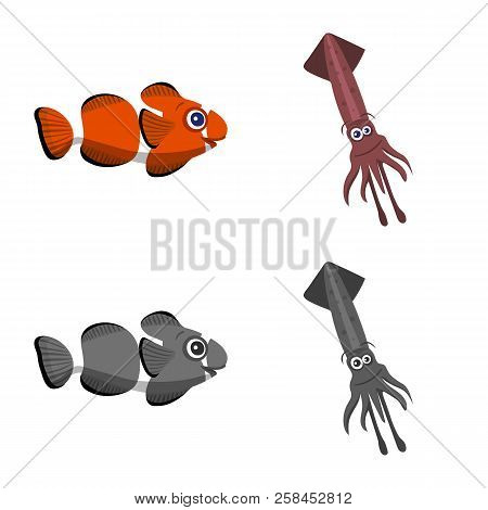 Vector Design Of Sea And Animal Sign. Collection Of Sea And Marine Stock Vector Illustration.