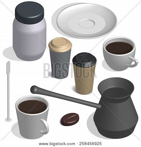 Coffee Set. Cup, Bean, Cezve And Jar Isolated On White Background. 3d Isometric Style, Vector Illust