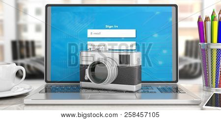 Retro Camera, On Computer, Office Background, 3D Illustration.