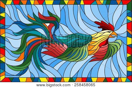 Illustration In Stained Glass Style With Abstract Rooster On Blue Background In Bright Frame