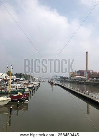 Brussels, Belgium, September 10th, 2018 : Boats and yachts in marina of Brussels view from the terrace of the Brussels Royal Yacht Club
