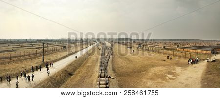 Auschwitz, Poland - March 30 2012 Panoramatic View On C A Concentration Camp And Visitors