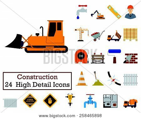 Set Of 24  Construction Icons. Flat Color Design. Vector Illustration.