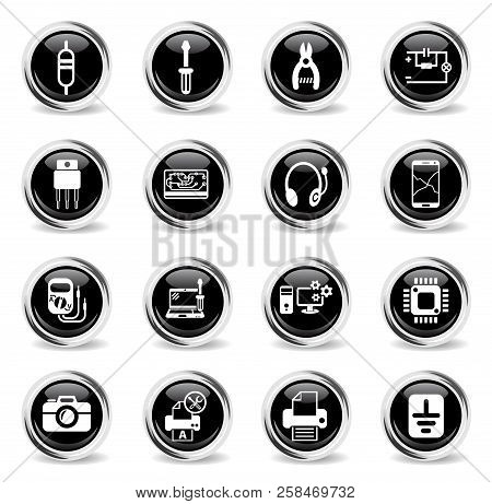 Electronics Repair Web Icons - Black Round Chrome Buttons
