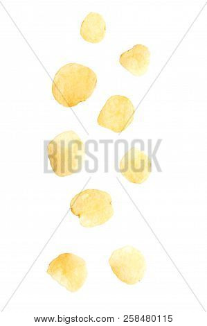 Potato Chips Falling Isolated On White Background.