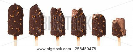 Set Of Diffrent Ice Creams On Stages Of Eatings Isolated On White Background.