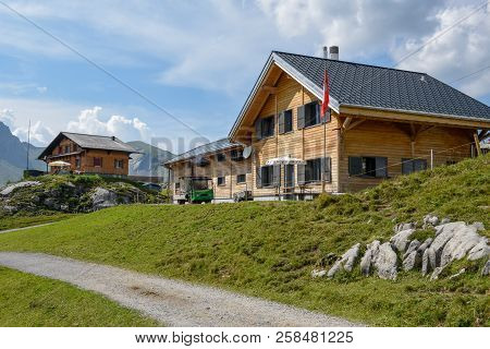Melchsee-frutt, Switzerland - 4 August 2018: Farm And Chalet At Melchsee-frutt On The Swiss Alps